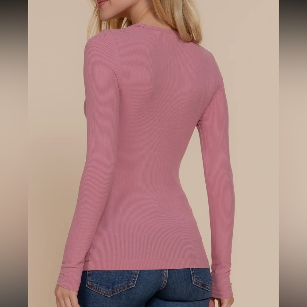 ShopEvelynne Pink Long Sleeve Crew Neck Rayon Rib Knit Tee - Picture 2 of 8